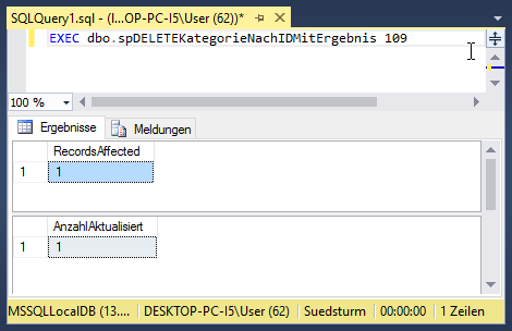 Ergebnis einer gespeicherten Prozedur im SQL Server Management Studio