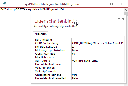 Entwurf der Passthrough-Abfrage zum Löschen eines Datensatzes mit Rückgabe der betroffenen Datensätze