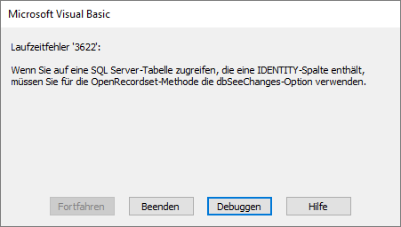 Fehler beim Versuch, ein Recordset ohne die Option dbSeeChanges zu öffnen