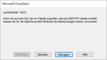Fehler beim Versuch, ein Recordset ohne die Option db-See-Changes zu öffnen