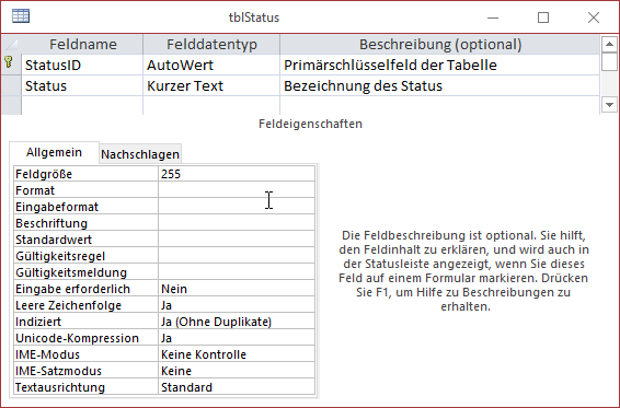 Entwurf der Tabelle tblStatus