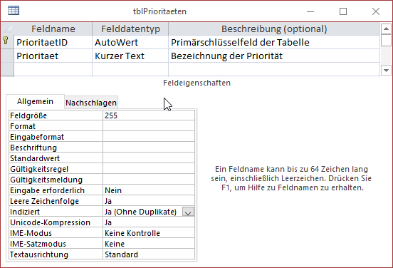 Entwurf der Tabelle tblPrioritaeten