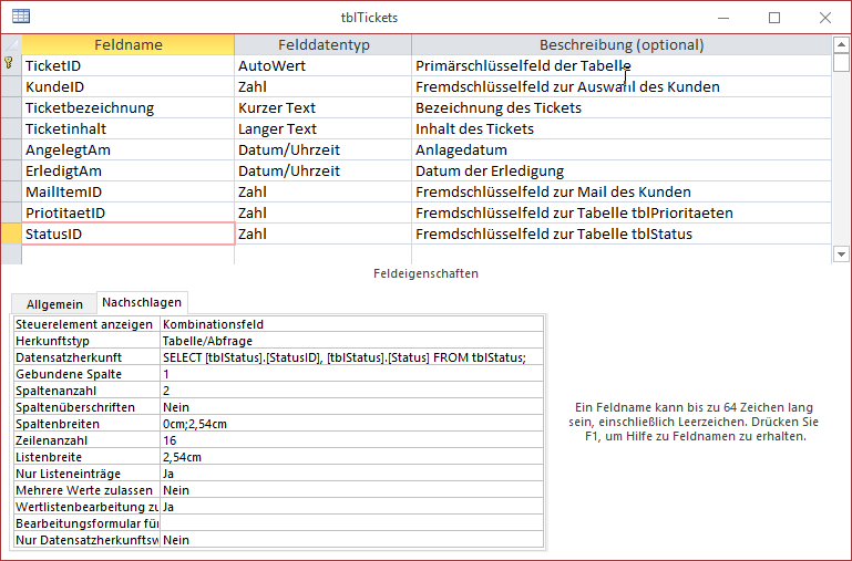 Entwurf der soeben erweiterten Tabelle tblTickets