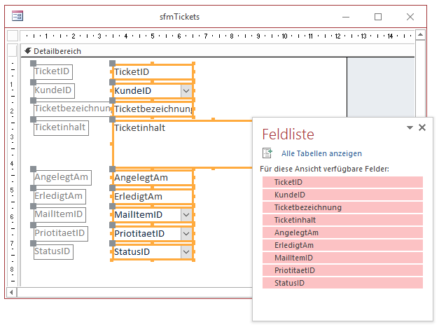 Entwurf des Unterformulars sfmTickets