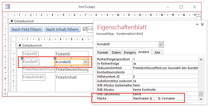 Eintragen des angezeigten Ausdrucks des Kombinationsfeldes in der Eigenschaft Marke