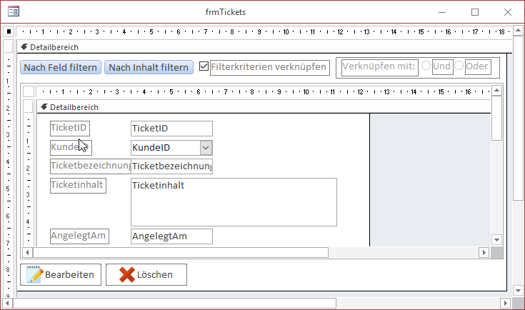 Schaltflächen zum Bearbeiten und Löschen eines Tickets