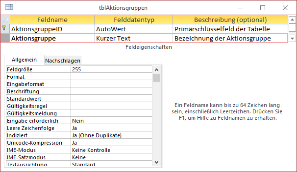 Entwurf der Tabelle tblAktionsgruppen