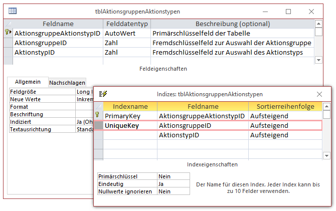 Entwurf der Tabelle tblAktionsgruppenAktionstypen