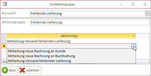 Zusammenfassen der Aktiontypen zu einer Aktionsgruppe