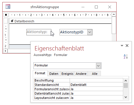Entwurf des Unterformulars sfmAktionsgruppe