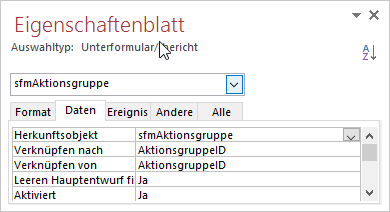 Eigenschaften des Unterformular-Steuerelements sfmAktionsgruppe