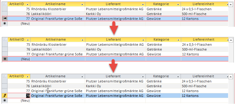 Datensatz von Hand in der Datenblattansicht kopieren