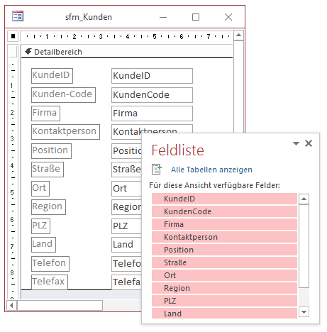 Entwurf des Unterformulars für die Anzeige der Kundendatensätze