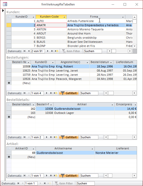 Gefilterte Unterformulare
