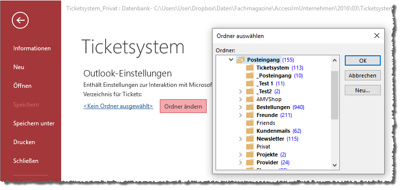 Aufruf des Ordner auswählen-Dialogs von Outlook
