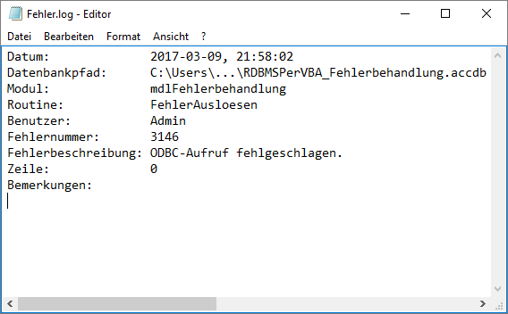 Durch die Fehlerbehandlung generierte Fehlerdatei