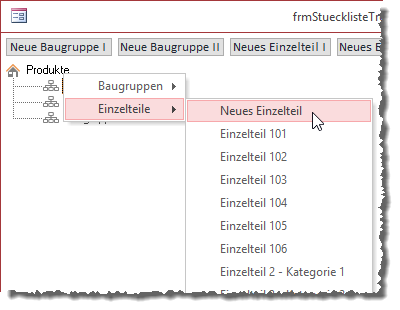 Kontextmenü zum Hinzufügen eines Einzelteils zum Root-Element