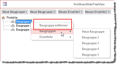 Kontextmenü zum Entfernen einer Baugruppe