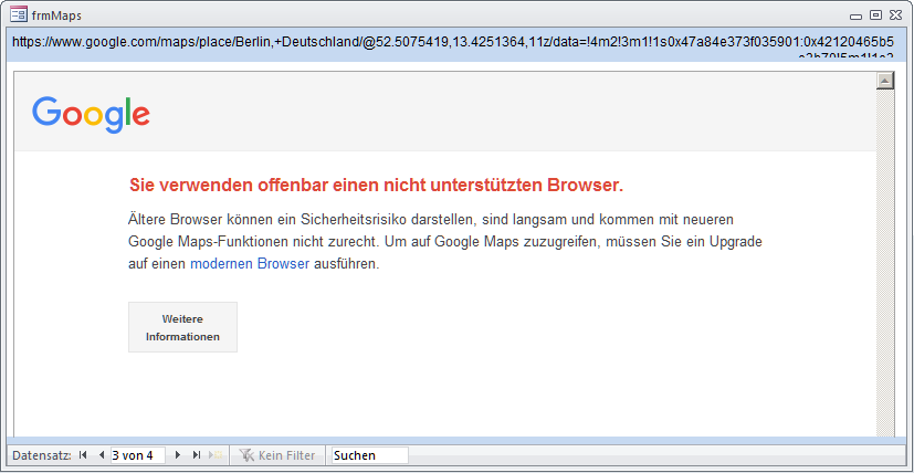 Statt Maps zeigt Google trotz korrekter URL zunächst eine Inkompatibilitätsmeldung an