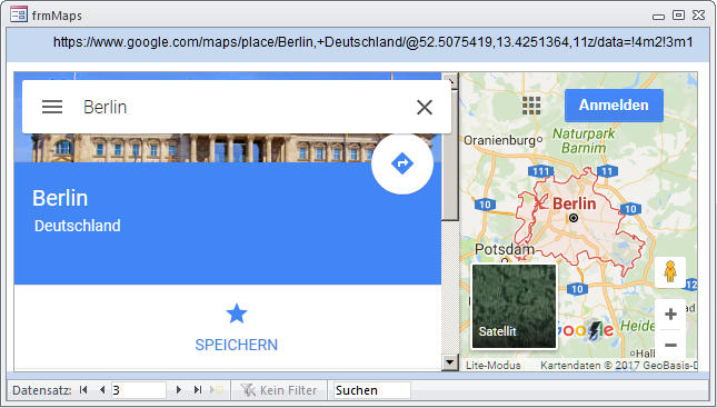 Google Maps zeigt nach Ansteuerung einer Such-URL das richtige Ergebnis mit Steuer-Panel