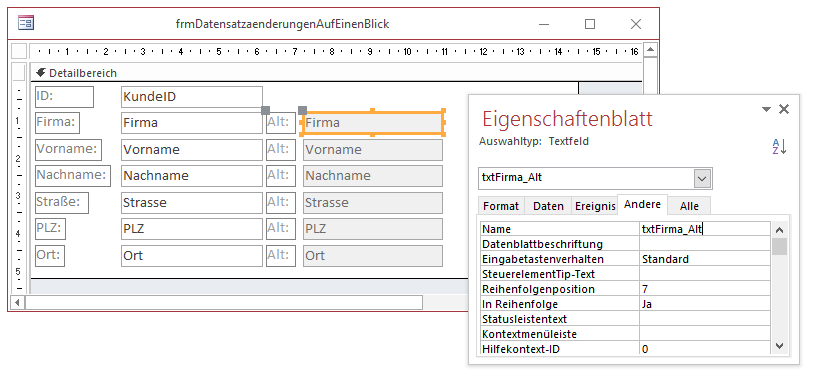 Anlegen der Textfelder für die alten Werte