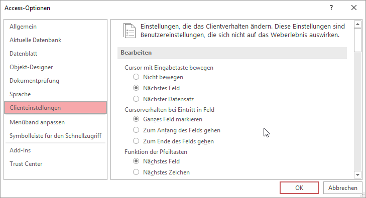 Option zum Einstellen des Verhaltens beim Eintritt in ein Feld