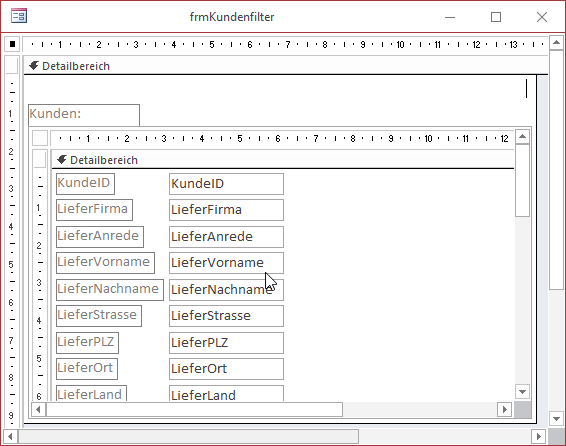 Basisausstattung des Formulars frmKundenfilter samt Unterformular sfmKundenfilter