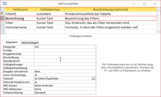 Tabelle zum Speichern der Filterkriterien