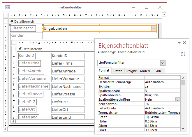 Hinzufügen des Kombinationsfeldes zur Auswahl des Filters