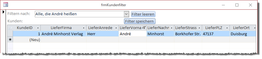 Ein frisch angelegter Filter