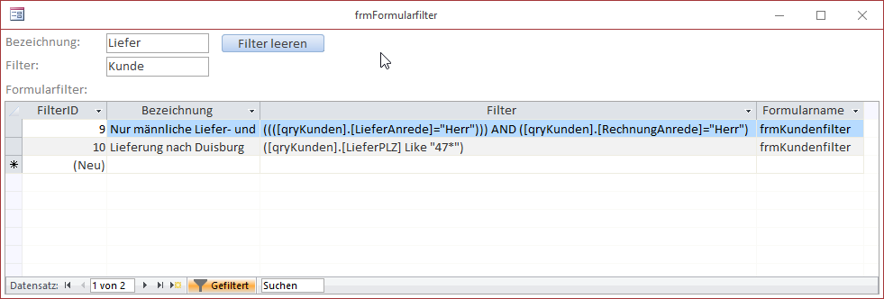 Formular zum Verwalten in der Formularansicht