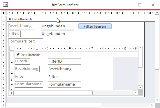 Formular zum Verwalten der Filter in der Entwurfsansicht
