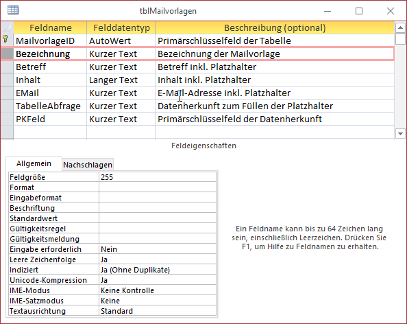 Die Tabelle tblMailvorlagen