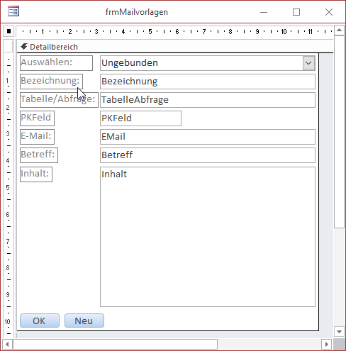 Das Formular frmMailvorlagen in der Entwurfsansicht