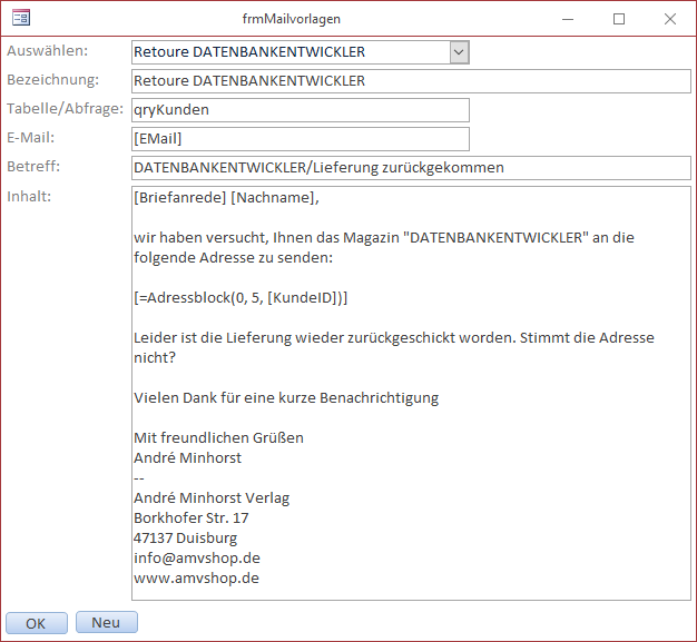Das Formular frmMailvorlagen in der Formularansicht
