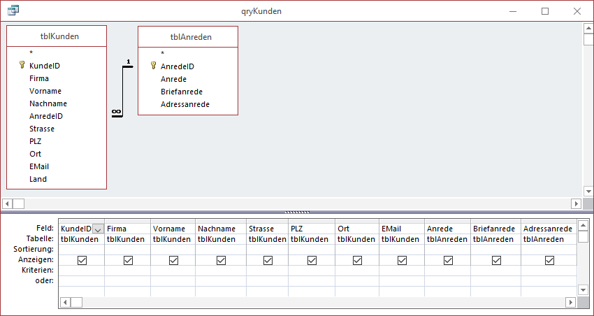 Die Abfrage qryKunden dient als Datenquelle für das Ersetzen der Platzhalter