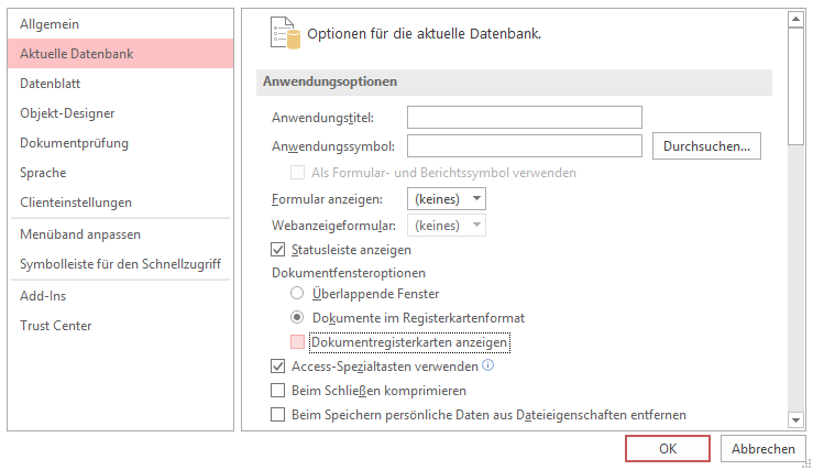 Option zur Anzeige von Formularen im Registerkartenformat