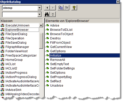 Die Klasse ExplorerBrowser und ihre Methoden im VBA-Objektkatalog