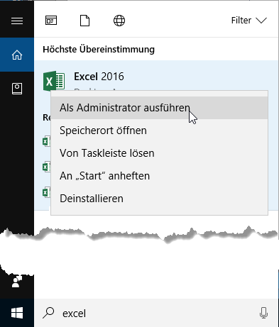 Excel als Administrator starten