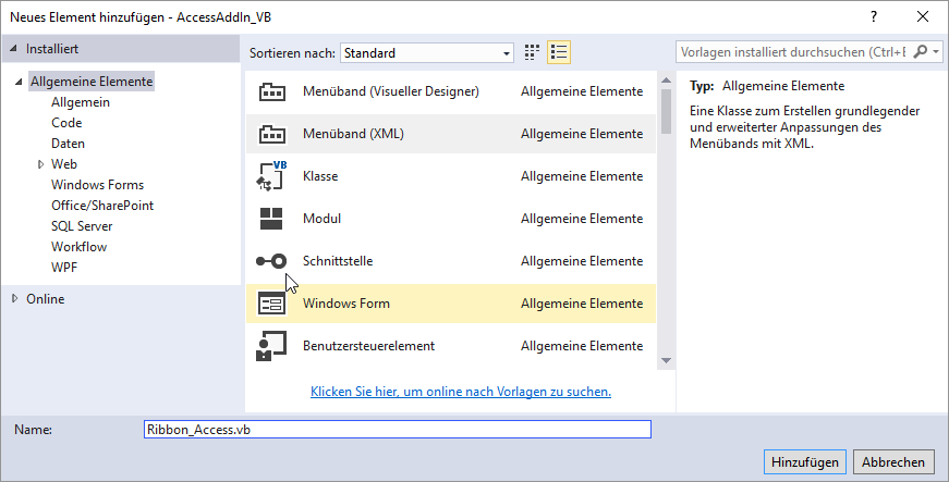 Anlegen des Elements Menüband (XML)