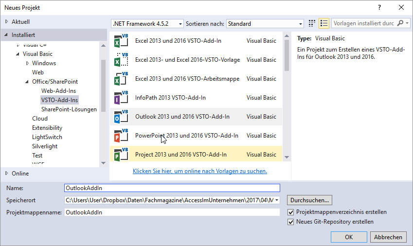 Anlegen eines neuen Projekts auf Basis der Outlook-Vorlage
