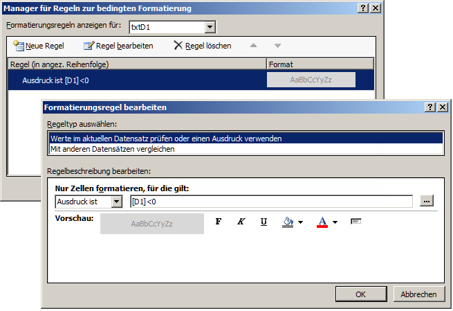 Dialoge zur Bedingten Formatierung der Datumtextfelder