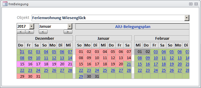 Der Belegungsplan für Ferienwohnungen enthält das dreimonatige Kalendersteuerelement mit mehrfachen Bedingten Formatierungen zur Hervorhebung der Zeiträume