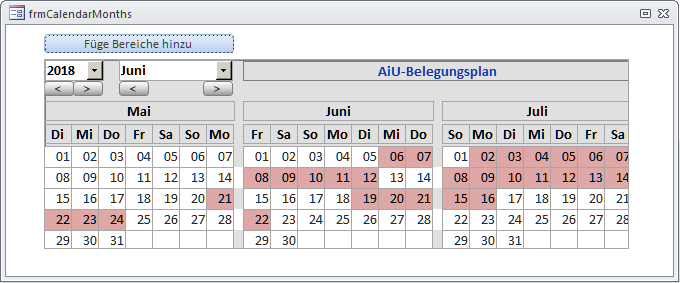 Demo des Unterformularsteuerelements Monatskalender nach Einbau in ein Hauptformular mit Markierungen