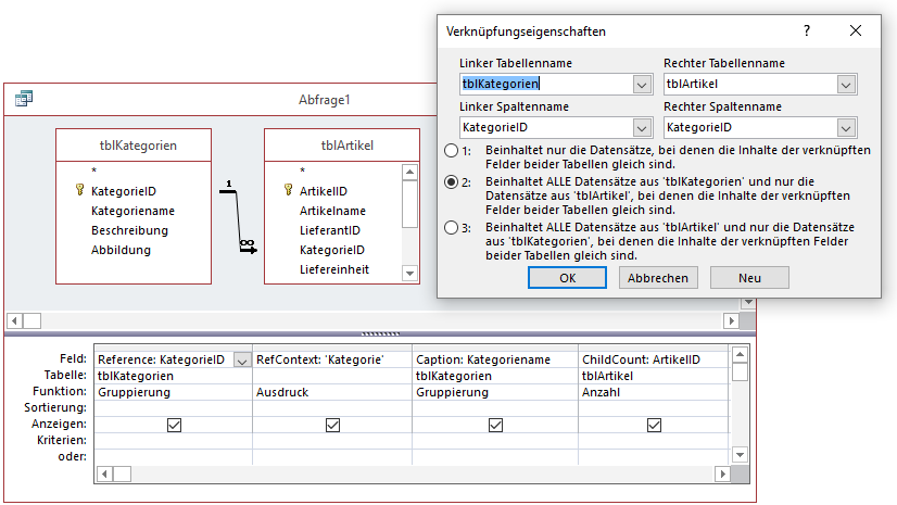 Abfrage, welche die Daten einer Tabelle samt Anzahl der untergeordneten Elemente liefern soll.