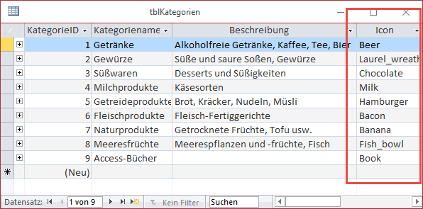 Verweise auf die Icons in der Tabelle tblKategorien