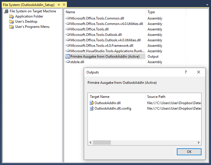 Dateien, die in der Ausgabe des Setup landen