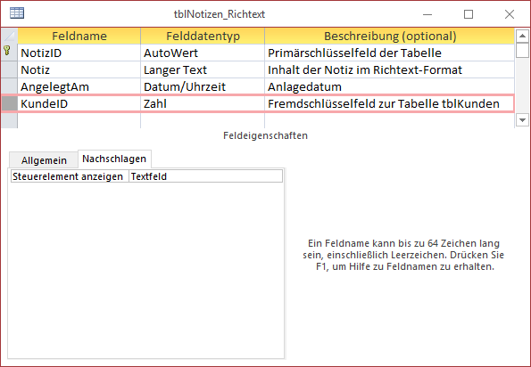 Tabelle tblNotizen mit Fremdschlüsselfeld