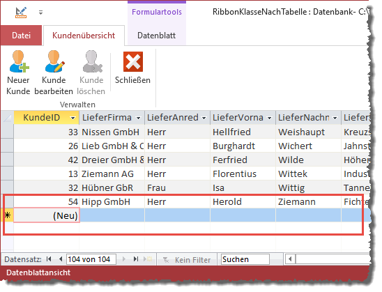 Aktuell können noch neue Einträge zum Formular frmKundenuebersicht hinzugefügt werden.