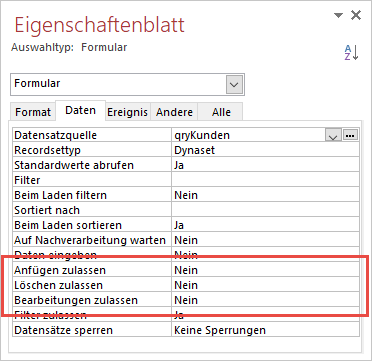 Löschen, Bearbeiten und Anlegen von Daten im Formular frmKundenuebersicht verhindern